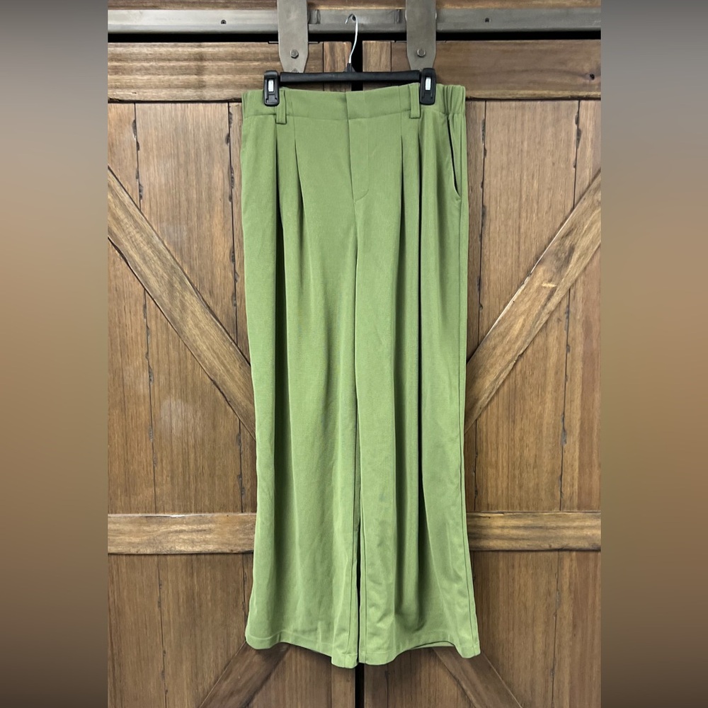 Halara Flex High Waisted Pocket Wide Leg Waffle Work Pants Loden Green Sz L NWT - Picture 4 of 9